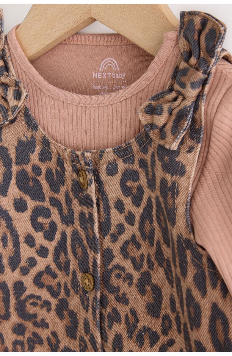 NEXT Leopard Denim Pinafore Dress, Ribbed Bodysuit & Tights Set, Alternate, color, Pink Multi