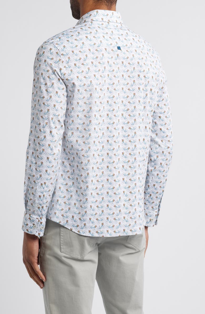Stone Rose Bicycle Print Stretch Cotton Button-Up Shirt, Alternate, color, White