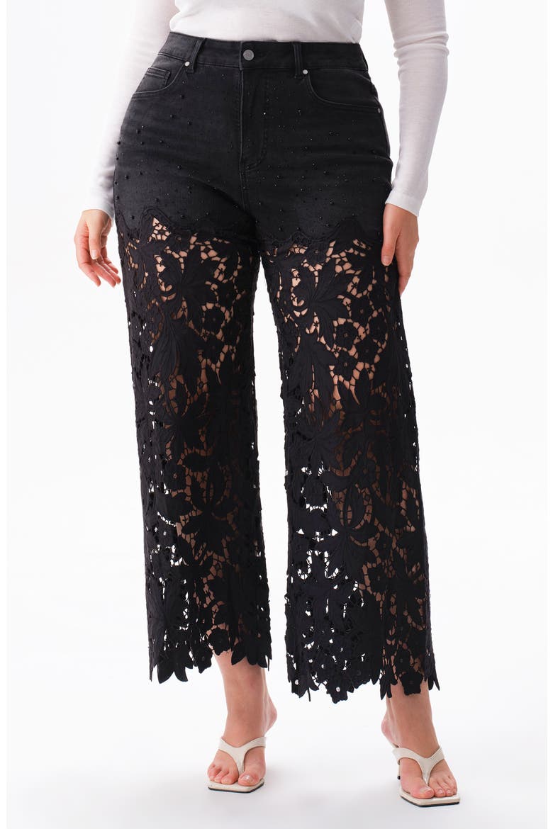 Crystal Embellished Lace Wide Leg Jeans, Main, color, INKGAUZE