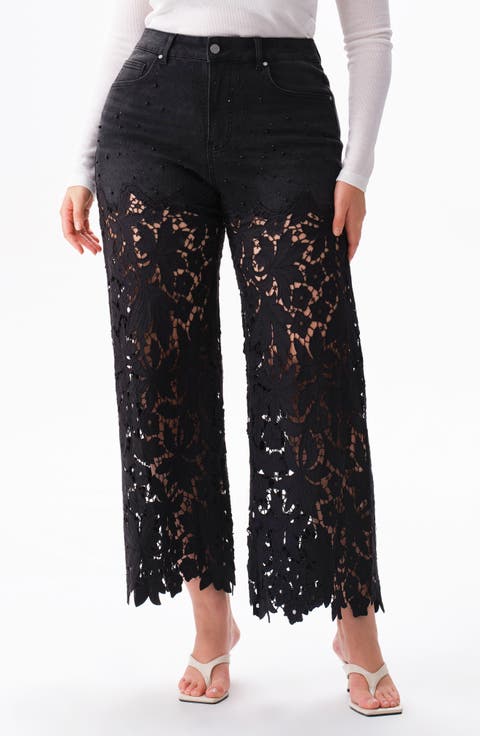 Crystal Embellished Lace Wide Leg Jeans