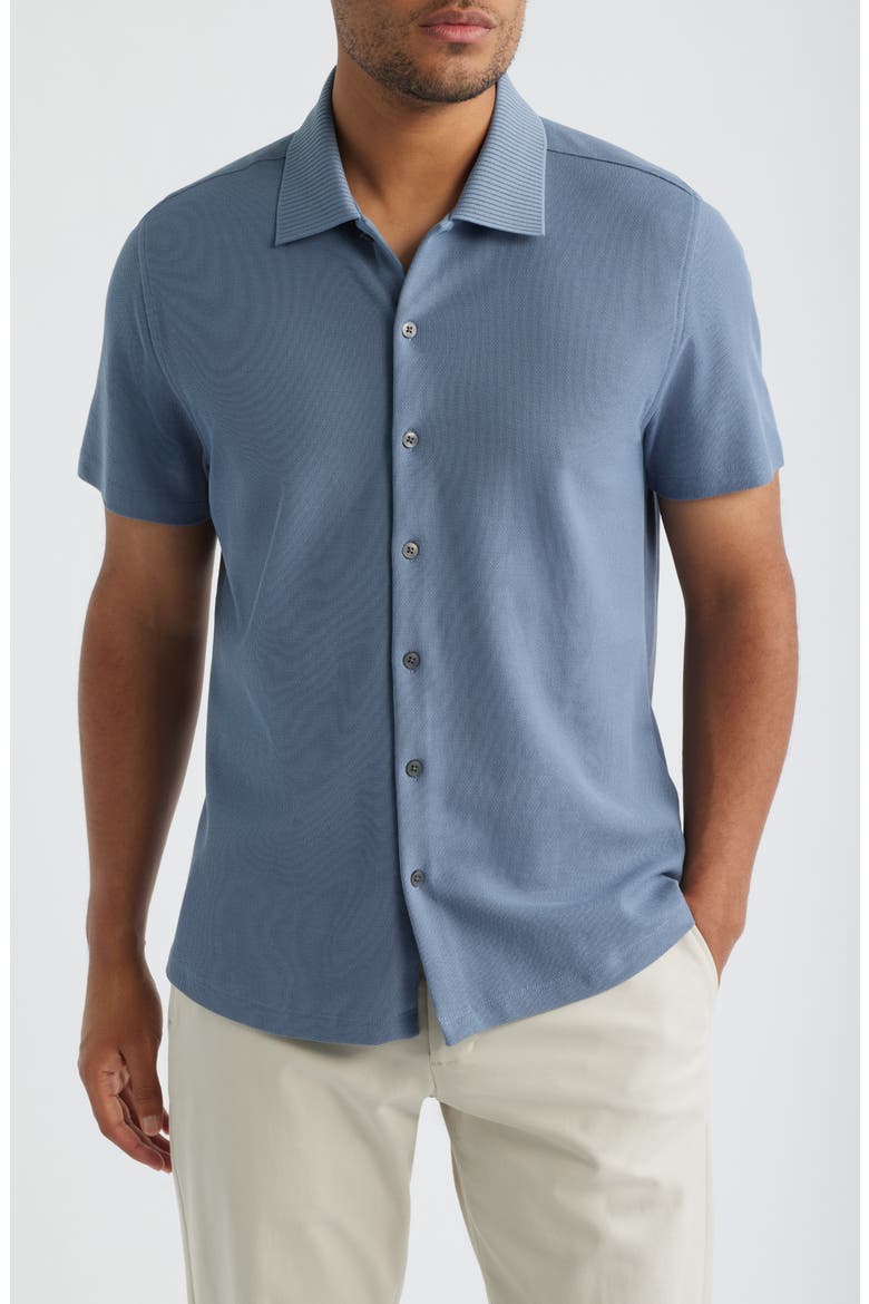 Sorrell Short Sleeve Cotton Piqué Button-Up Shirt, Main, color, BLUE METALLIC