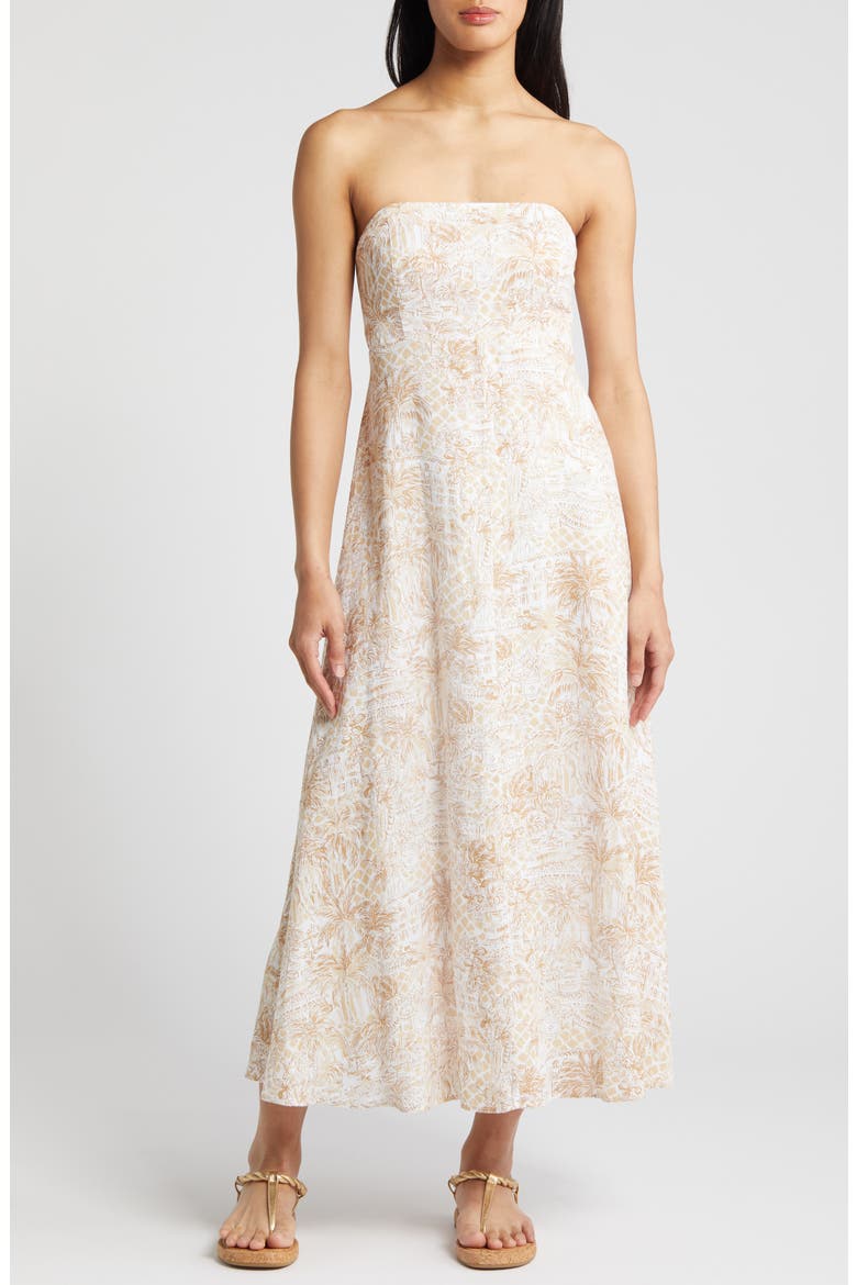 Jorgian Palm Tree Print Linen Midi Dress, Alternate, color, SAND BAR PALM BEACH PARADISE