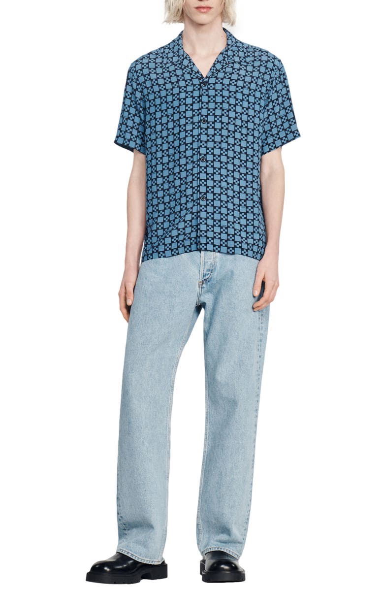 SANDRO Cross Geo Print Short Sleeve Button-Up Camp Shirt, Alternate, color, 