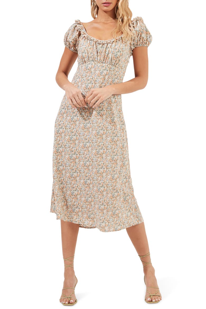 Ditsy Floral Ruffle Neck Midi Dress, Main, color, TAUPE-CORAL FLORAL