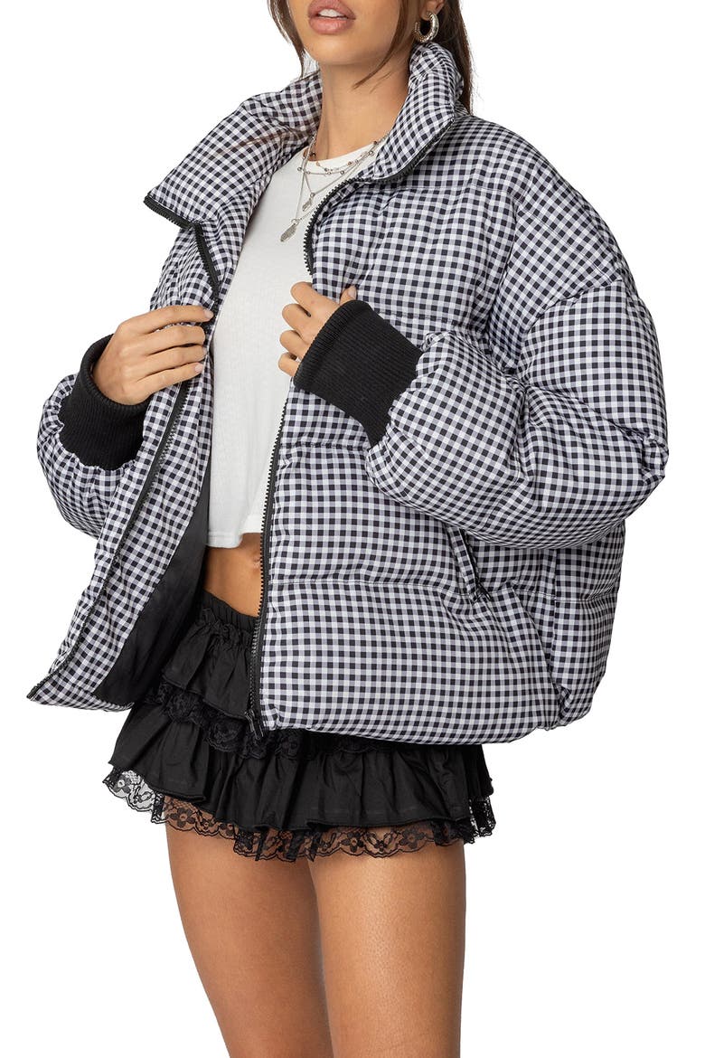 Gingham Oversize Quilted Puffer Jacket, Alternate, color, BLACK-AND-WHITE