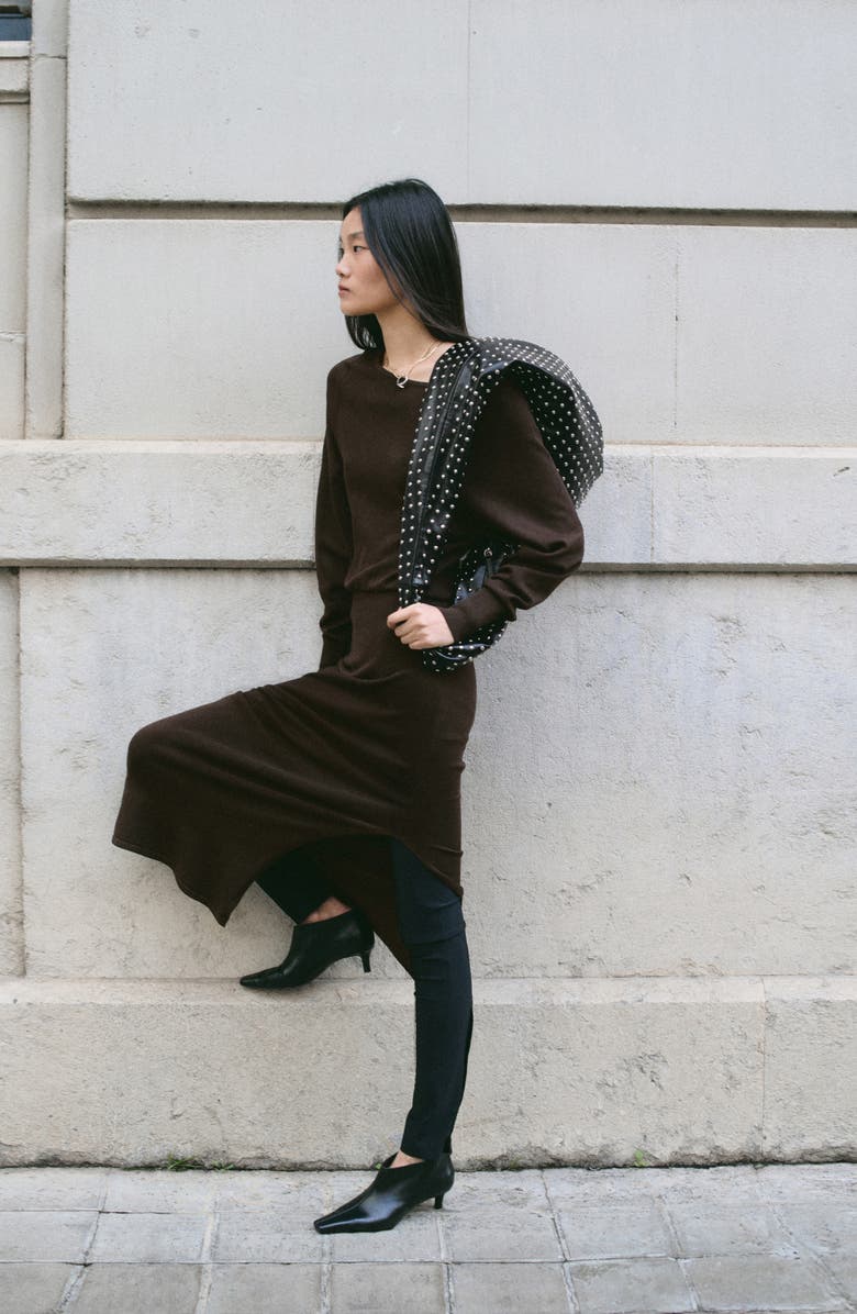 MANGO Fine Knit Blouson Sweater Dress, Alternate, color, Chocolate