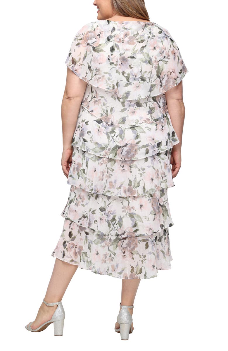 SL FASHIONS Tiered Floral Shimmer Midi Dress, Alternate, color, Taupe Multi