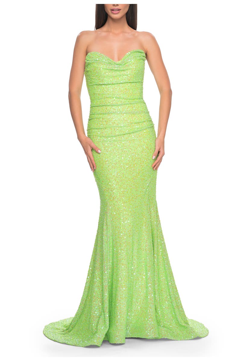 La Femme Strapless Sweetheart Mermaid Sequin Prom Gown, Main, color, Neon Green