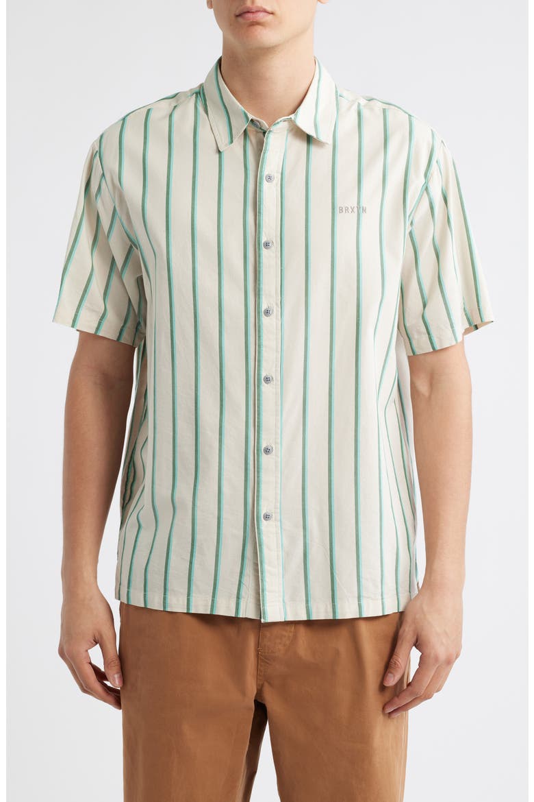 Cru Oxford Stripe Short Sleeve Cotton Blend Button-Up Shirt, Main, color, BEIGE/PINE NEEDLE/GREEN
