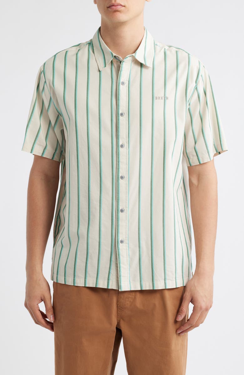Brixton Cru Oxford Stripe Short Sleeve Cotton Blend Button-Up Shirt, Main, color, Beige/Pine Needle/Green