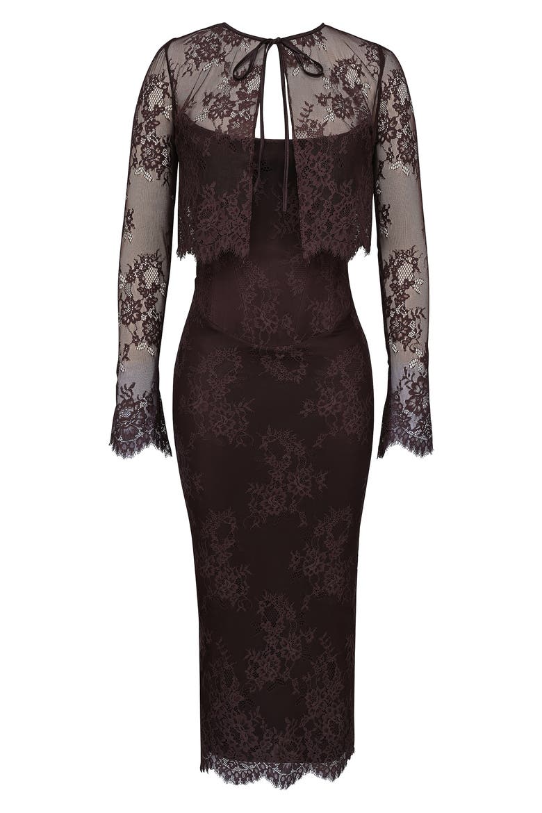 Larra Lace Tie Neck Long Sleeve Midi Dress & Bolero Jacket, Alternate, color, CHOCOLATE PLUM