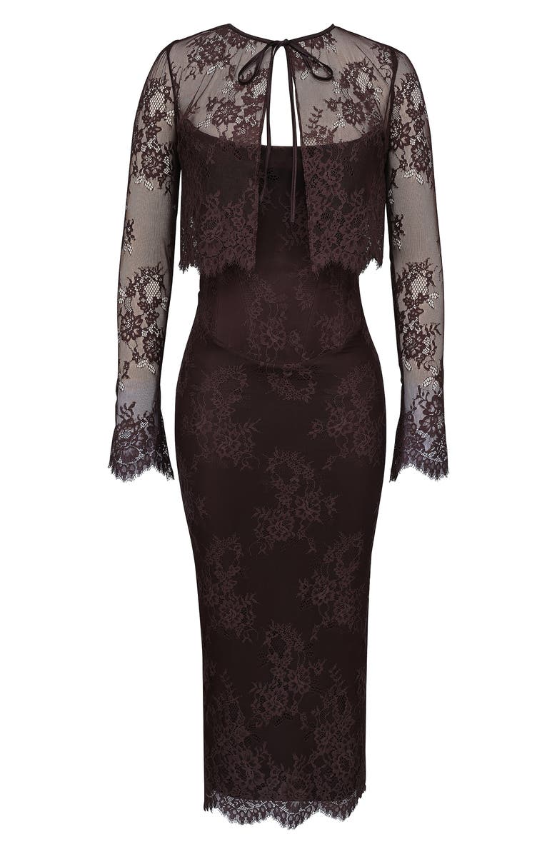 HOUSE OF CB Larra Lace Tie Neck Long Sleeve Midi Dress & Bolero Jacket, Alternate, color, Chocolate Plum