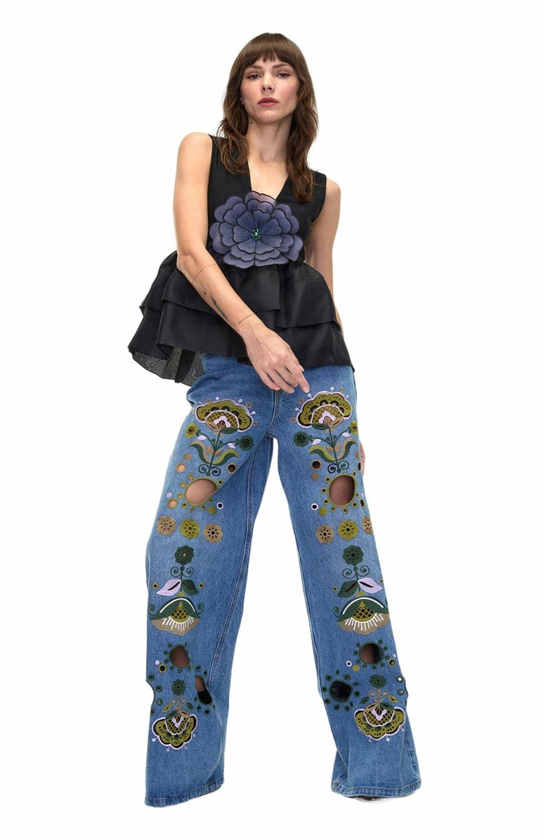 Cynthia Rowley Embroidered Wide-leg Jean, Alternate, color, Blue_multi