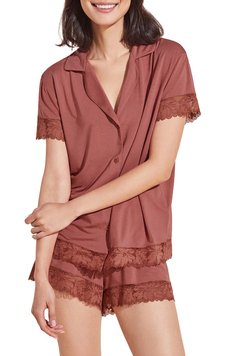 Eberjey Rosalia Lace Trim Short Pajamas, Main, color, Rosewood