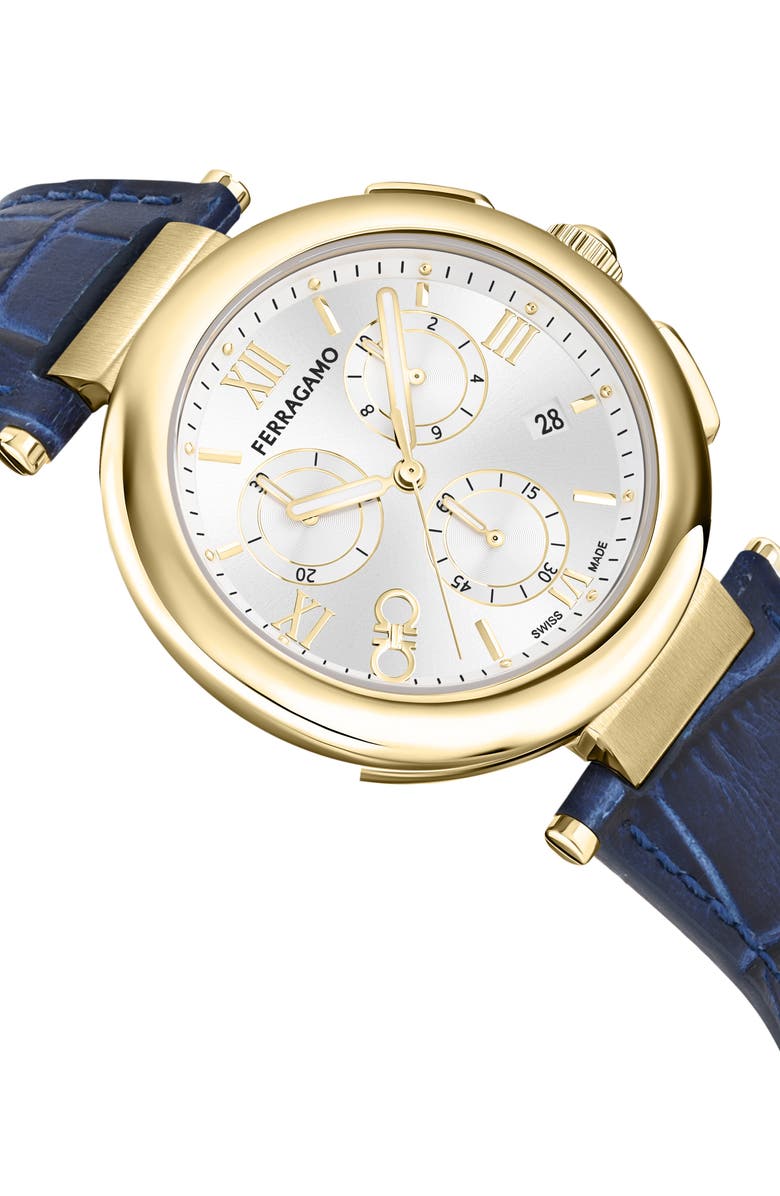 FERRAGAMO Croc-Embossed Leather Strap Chronograph Watch, 40mm, Alternate, color, Ip Gold