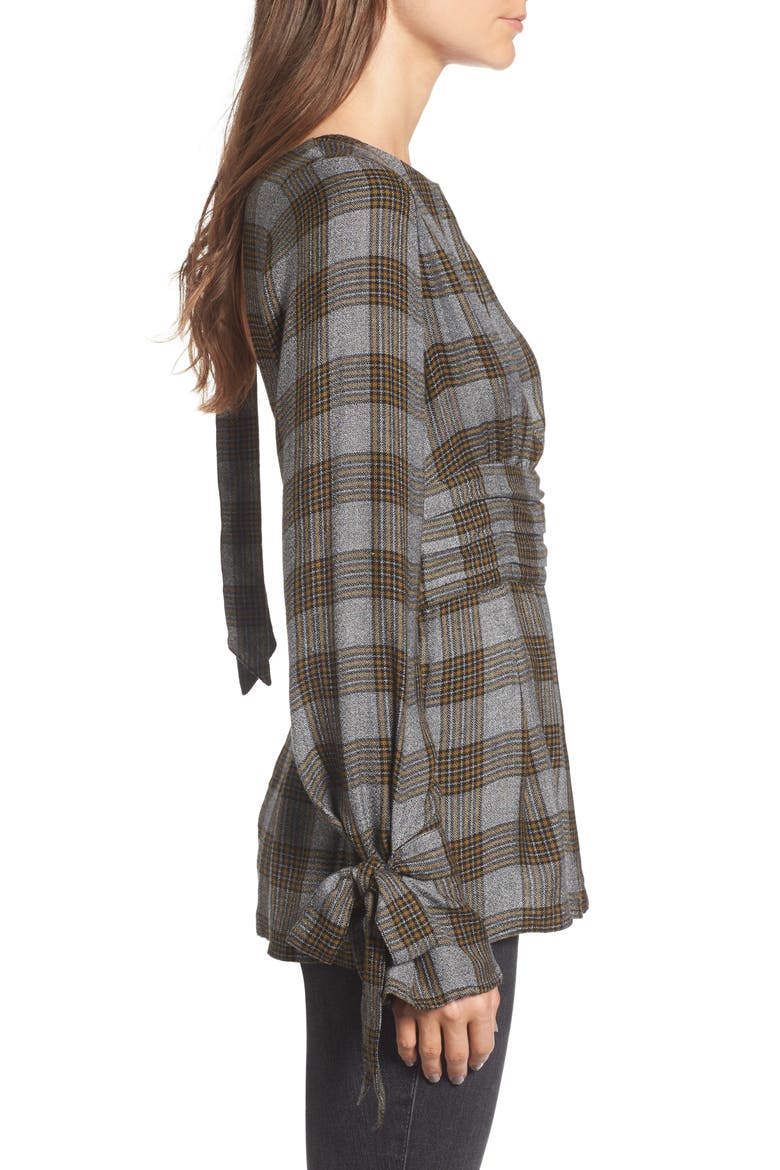 x Something Navy Tie Sleeve Top, Alternate, color, OLIVE BREEN CHECK