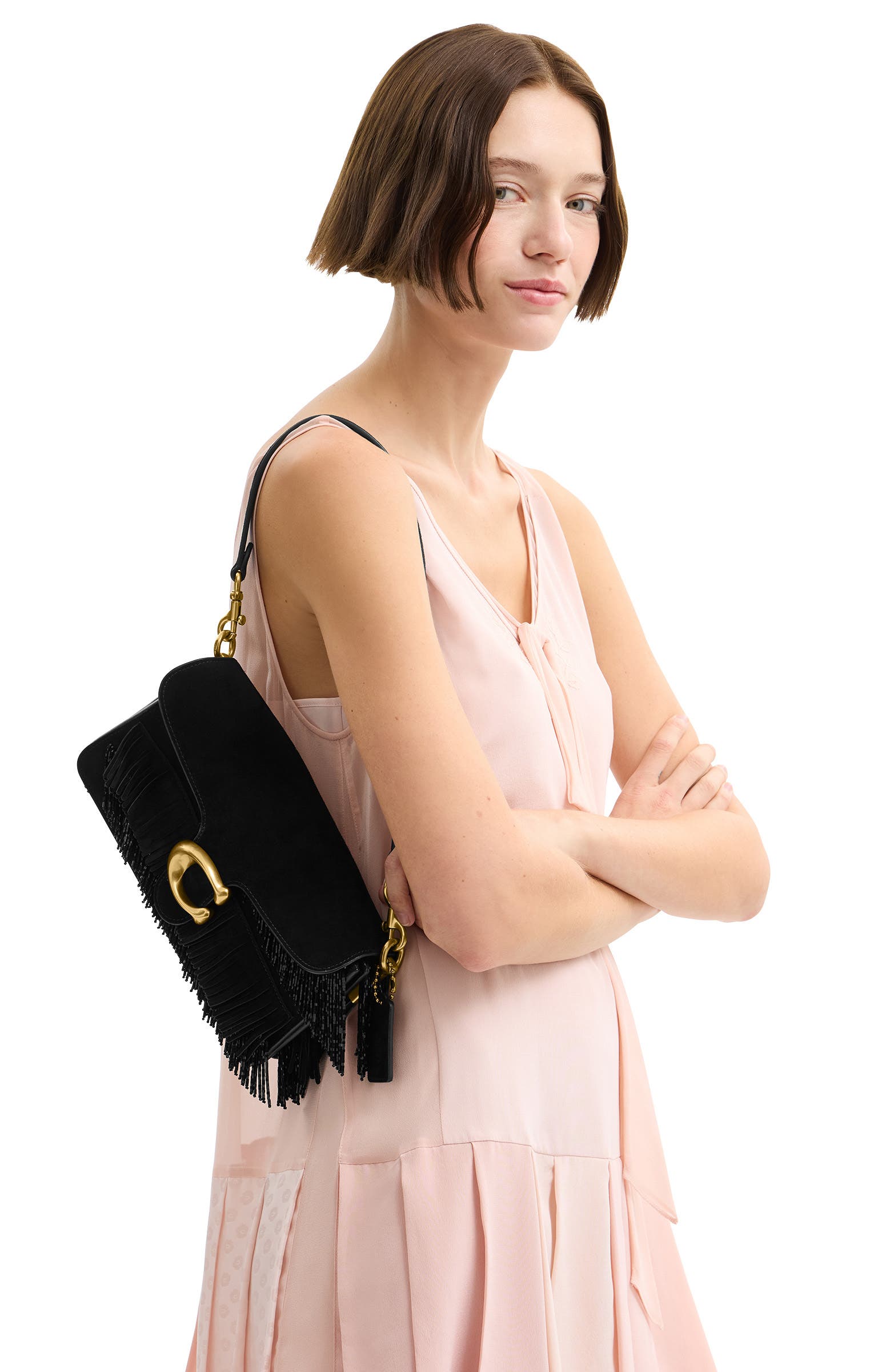 COACH Tabby Crystal Beaded Fringe Leather Shoulder Bag, Alternate, color, B4/ Black