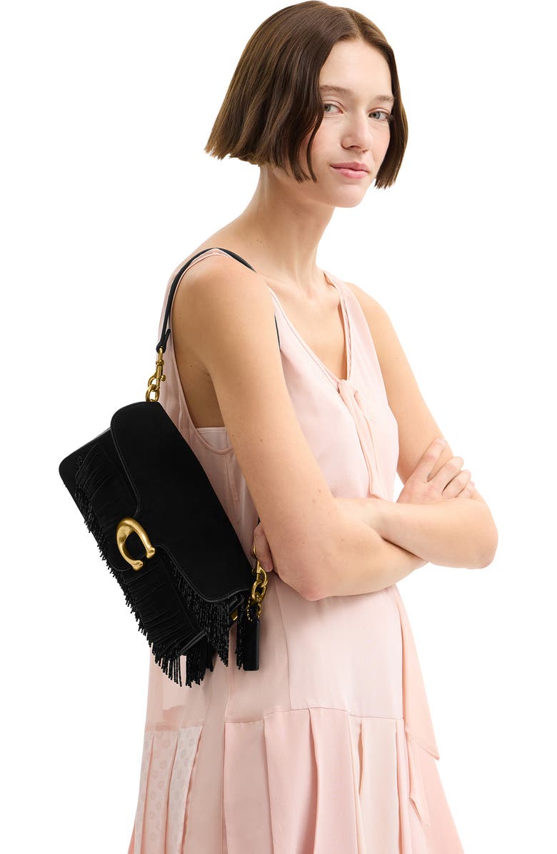 COACH Tabby Crystal Beaded Fringe Leather Shoulder Bag, Alternate, color, B4/ Black