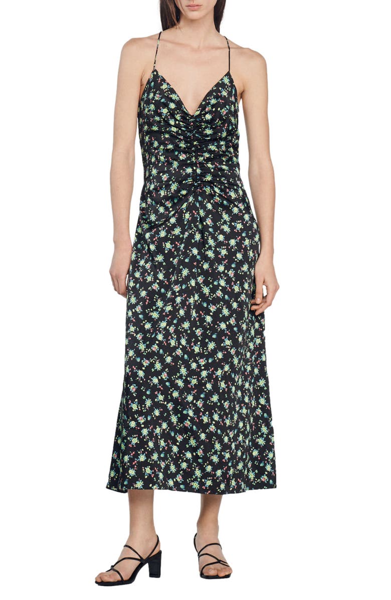 SANDRO Paola Floral Tie Back Dress, Main, color, Noir