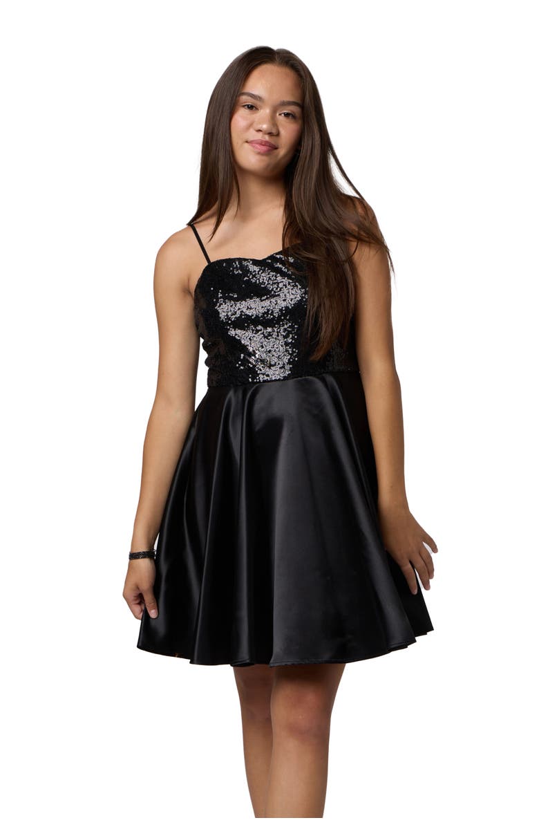 Un Deux Trois Sequin and Satin Party Dress in Longer Length, Main, color, Black
