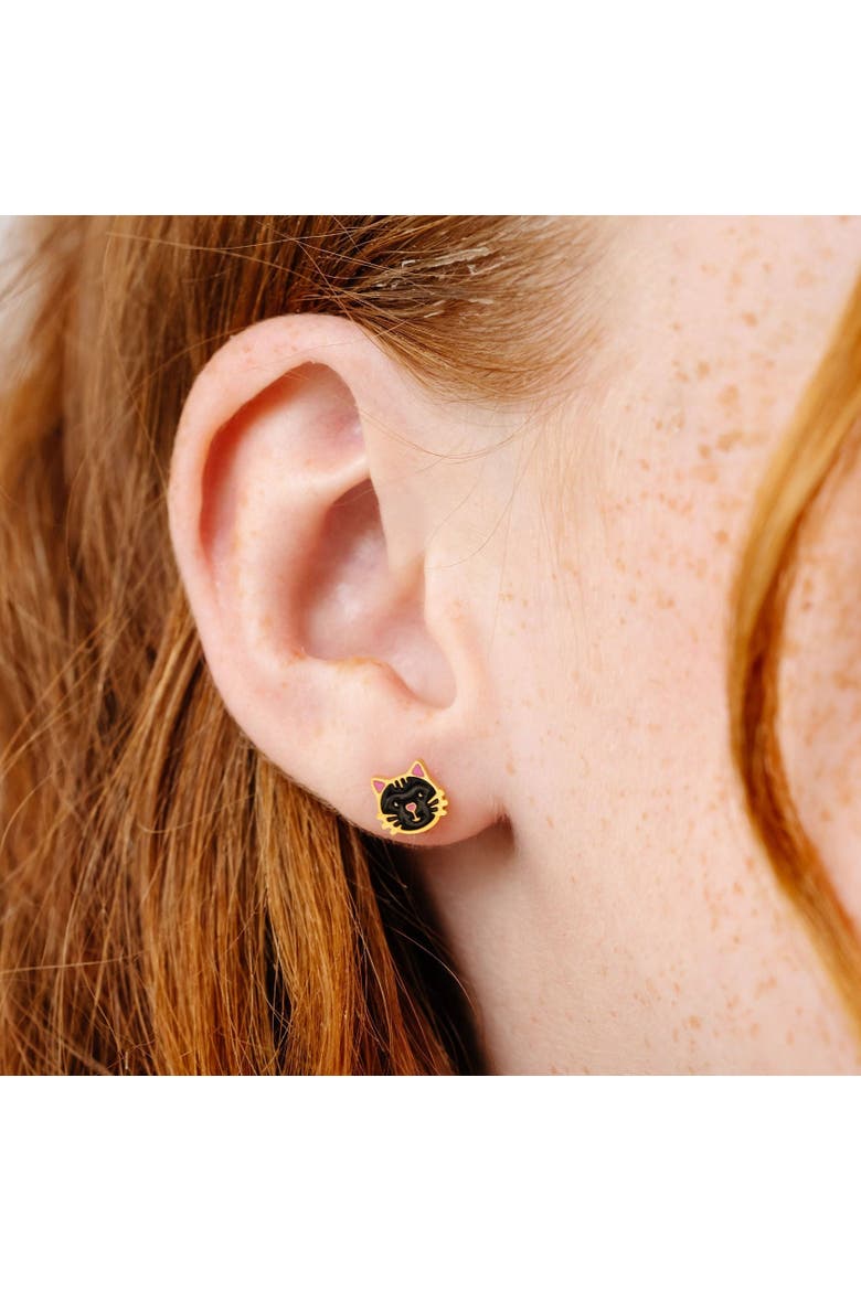 Girls' Black Cat Flatback Stud Hypoallergenic Earrings, Alternate, color, Black