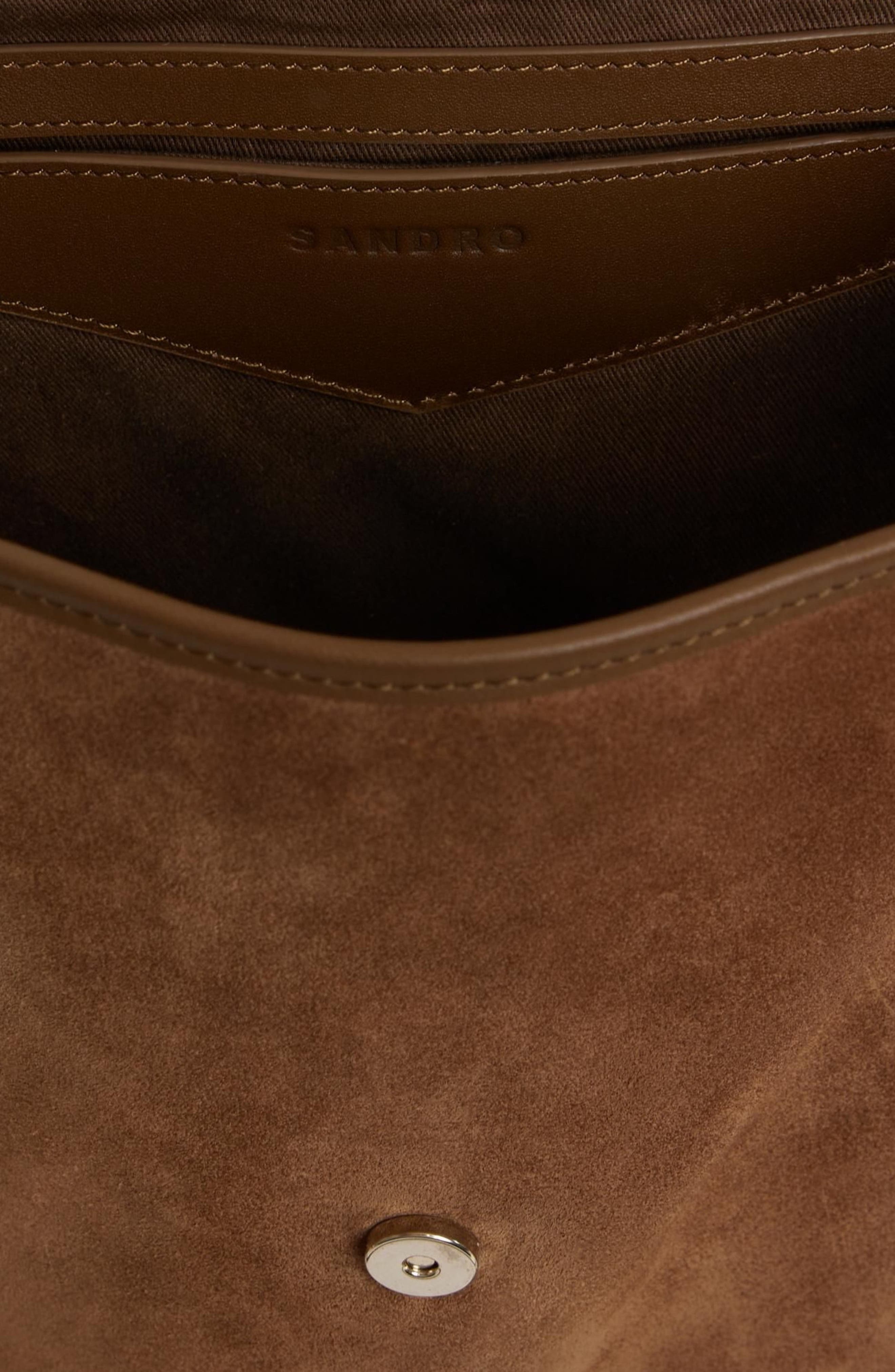 SANDRO Leather and suede fringe bag, Alternate, color, Camel