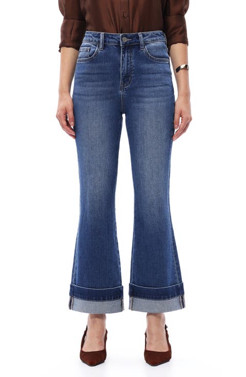 Cuffed High Waist Ankle Flare Jeans
