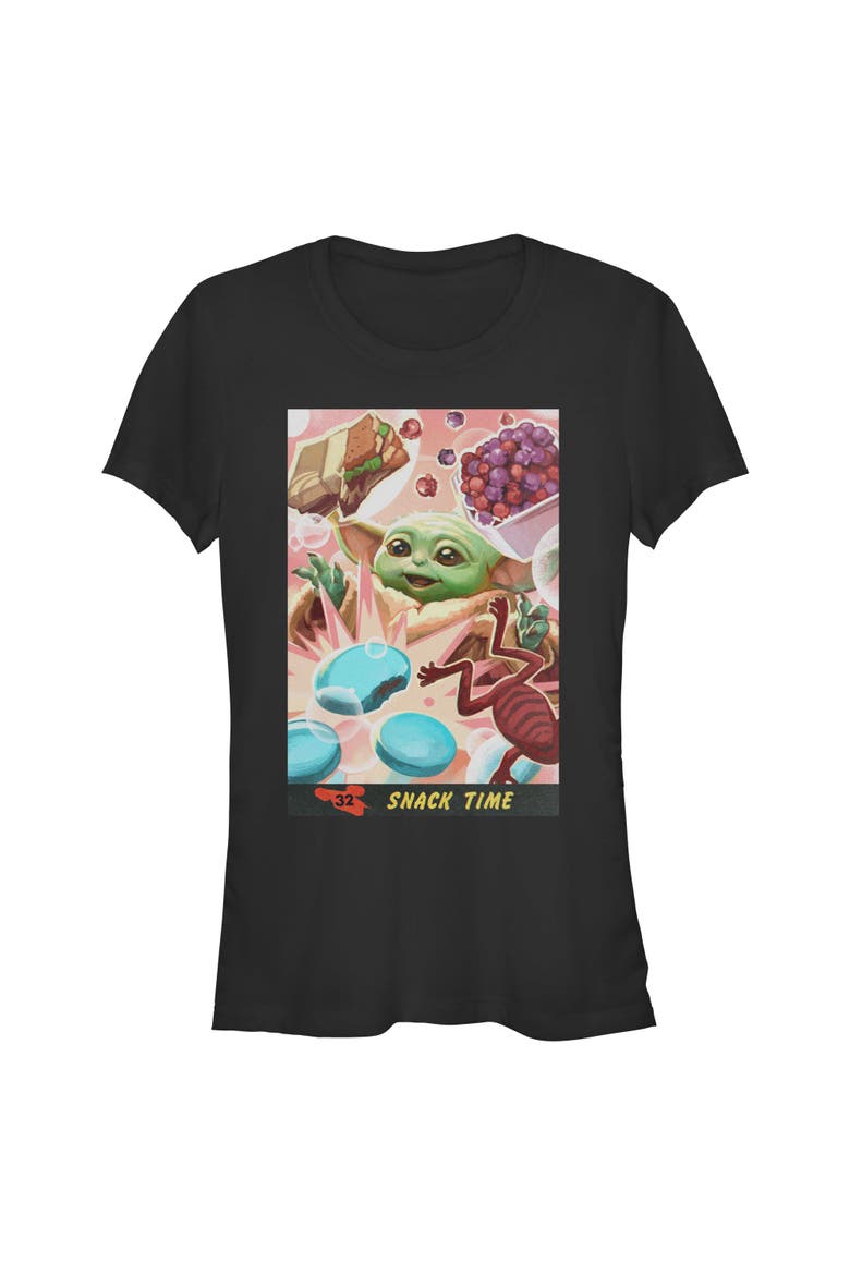 Juniors Star Wars The Mandalorian and Grogu The Child Snack Time Comic Art T Shirt, Main, color, Black