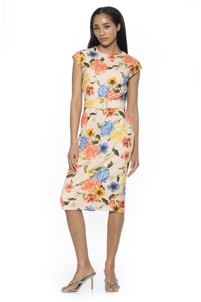 Cap Sleeve Belted Sheath Dress, Alternate, color, SAND FLORAL