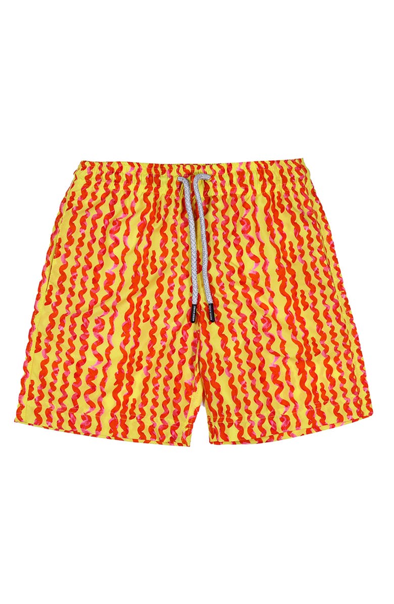 NESSI BYRD Kids' Wavy Stripes Yellow-Red Quick-Dry Swim Trunks, Main, color, Yellow-Red
