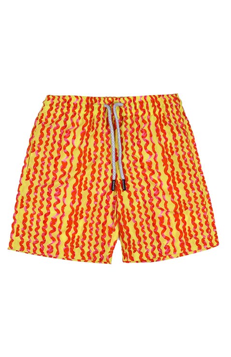 Kids' Wavy Stripes Yellow-Red Quick-Dry Swim Trunks