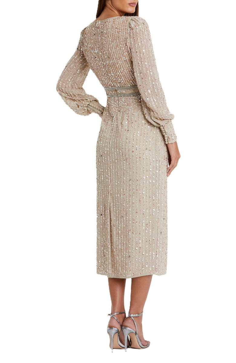 Mac Duggal V-Neck Sequined Overlay Gown with Long Bishop Sleeves and Embellished Waist, Alternate, color, Nude