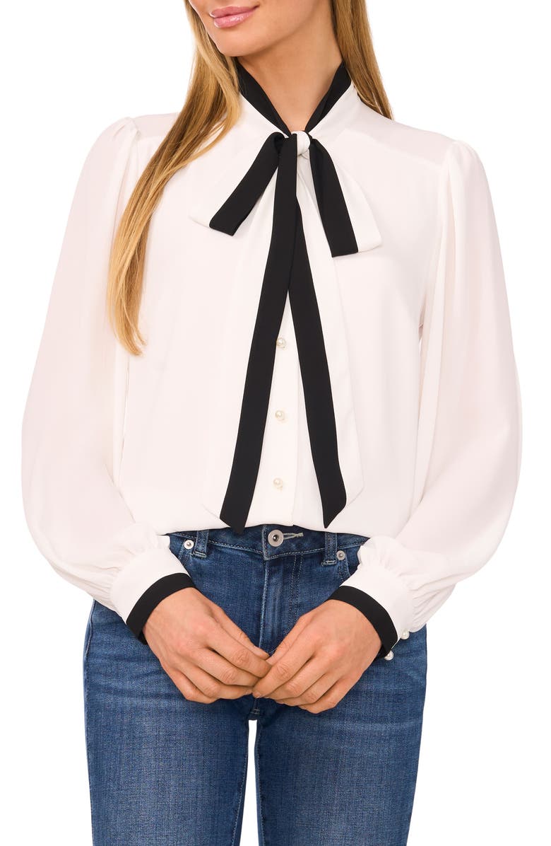 CeCe Tie-Neck Button-Up Shirt, Main, color, New Ivory White