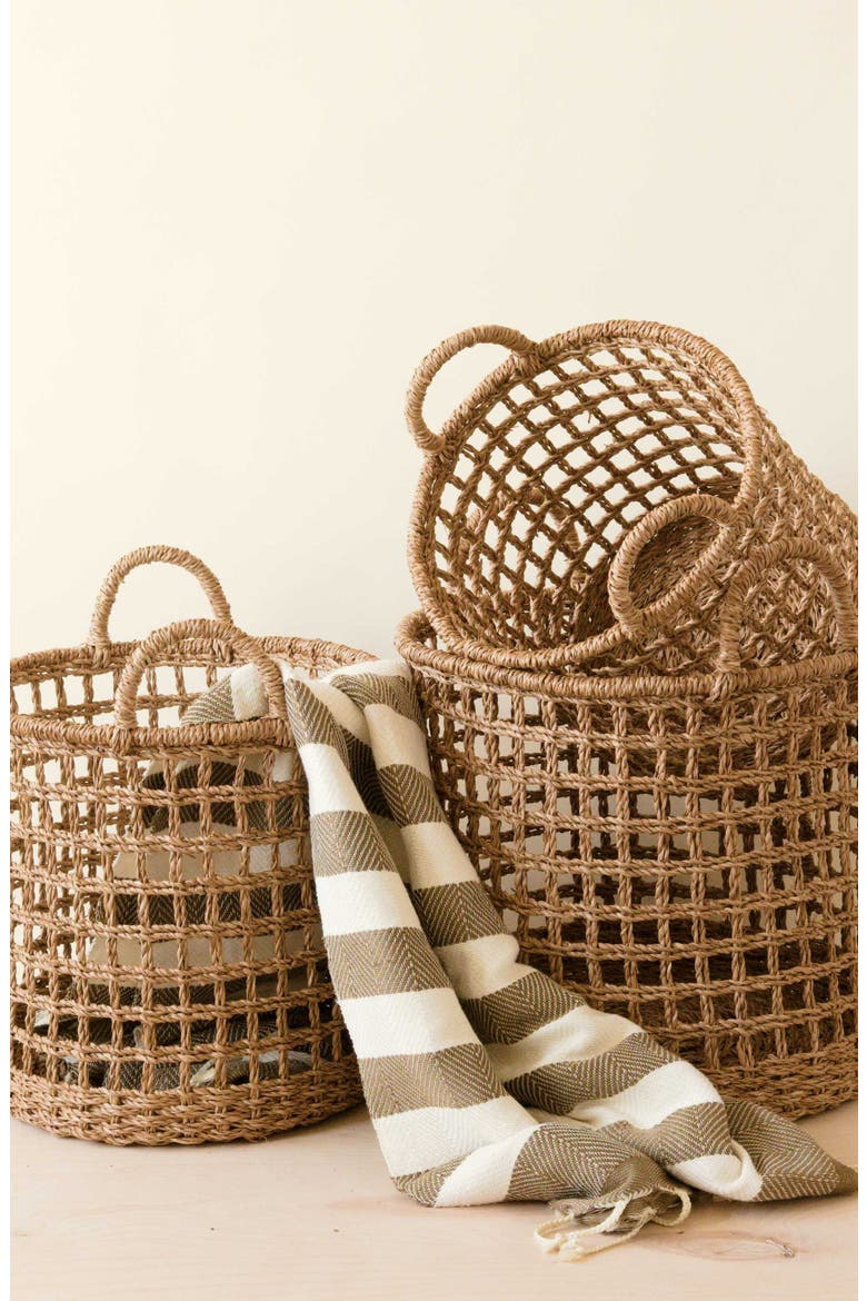 Open Weave Cylinder Basket with Handles, Set of 3, Alternate, color, Natural