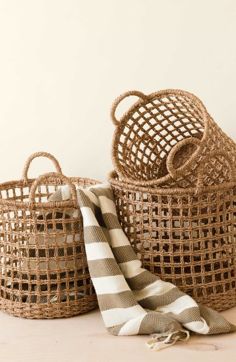 LIKHA Open Weave Cylinder Basket with Handles, Set of 3, Alternate, color, Natural