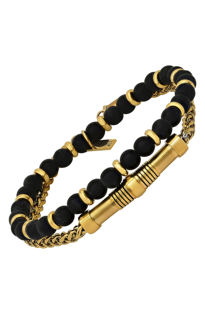 HMY JEWELRY Men's 18K Yellow Gold Beaded Bracelet Duo, Alternate, color, 18K Gold Steel/ Black