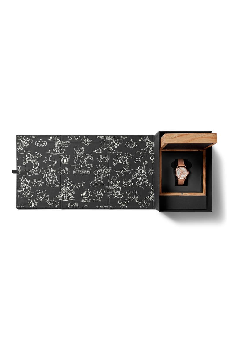 x Disney Runwell Mickey Classic Leather Strap Watch, 36mm, Alternate, color, BIEGE/ WHITE/ ROSE GOLD