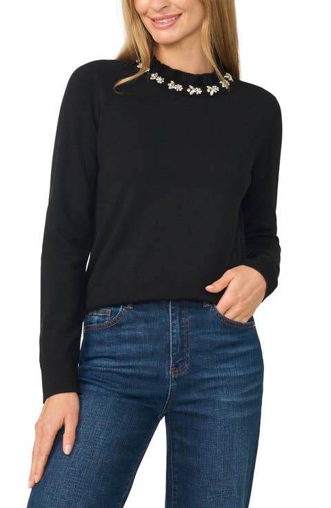 Rhinestone Embellished Ruffle Neck Sweater