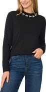 CeCe Rhinestone Embellished Ruffle Neck Sweater
