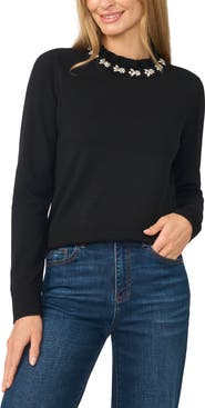CeCe Rhinestone Embellished Ruffle Neck Sweater