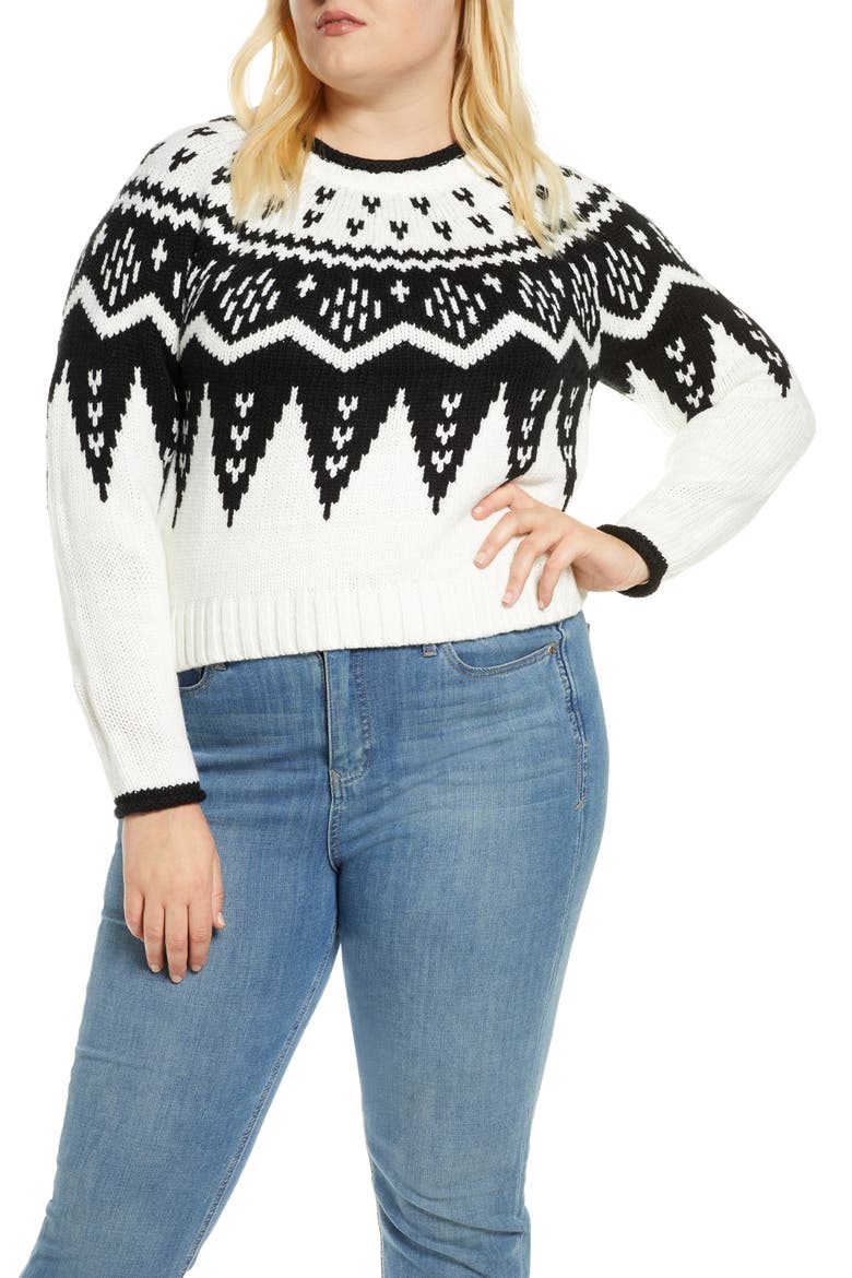 Fair Isle Crewneck Crop Sweater, Main, color, FAIRISLE BLACK/ WHITE