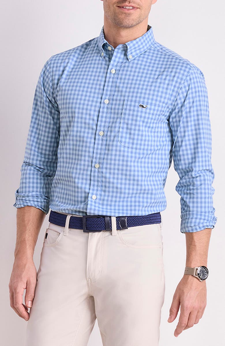 vineyard vines Topsail Classic Fit Gingham Button-Down Performance Shirt, Main, color, Jake Blue