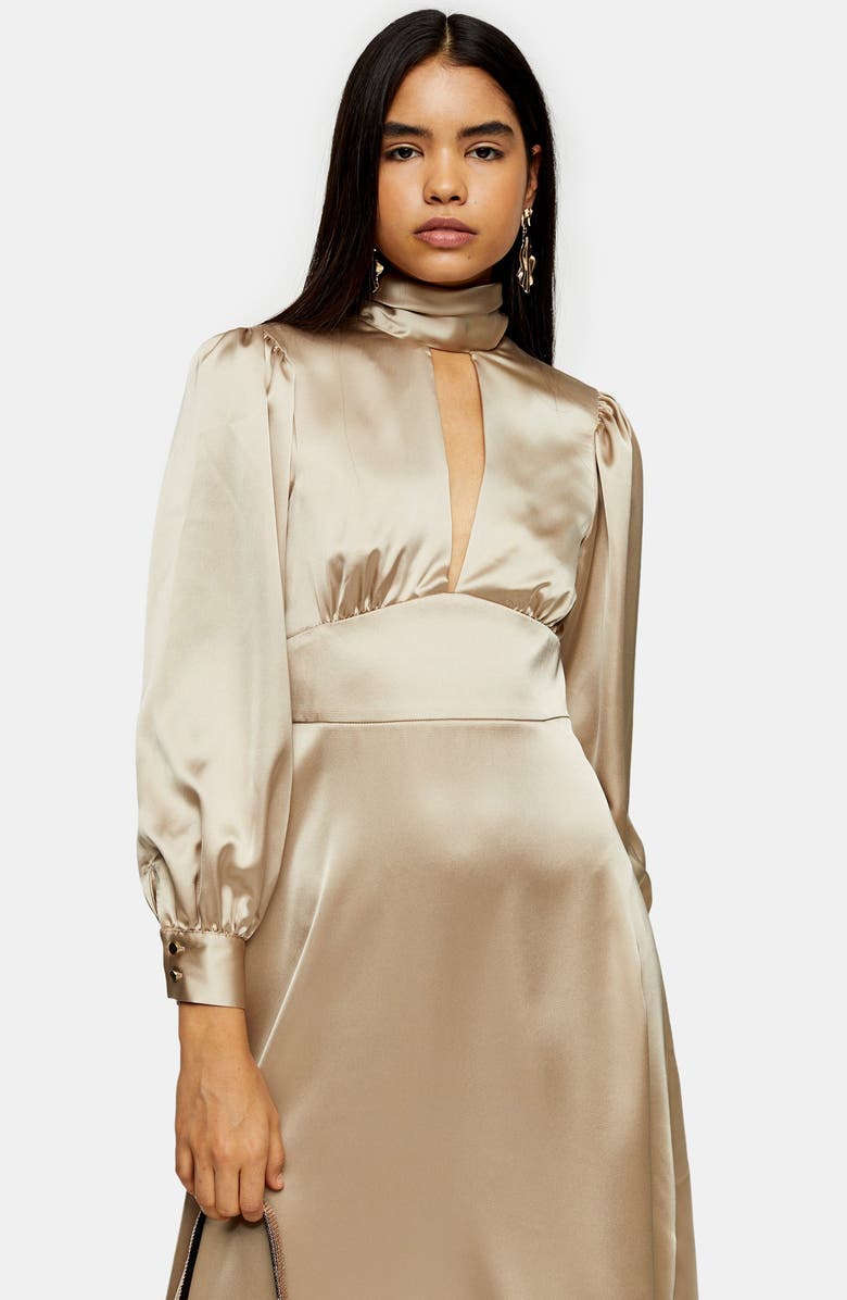 Topshop Long Sleeve Satin Midi Dress, Alternate, color, 
