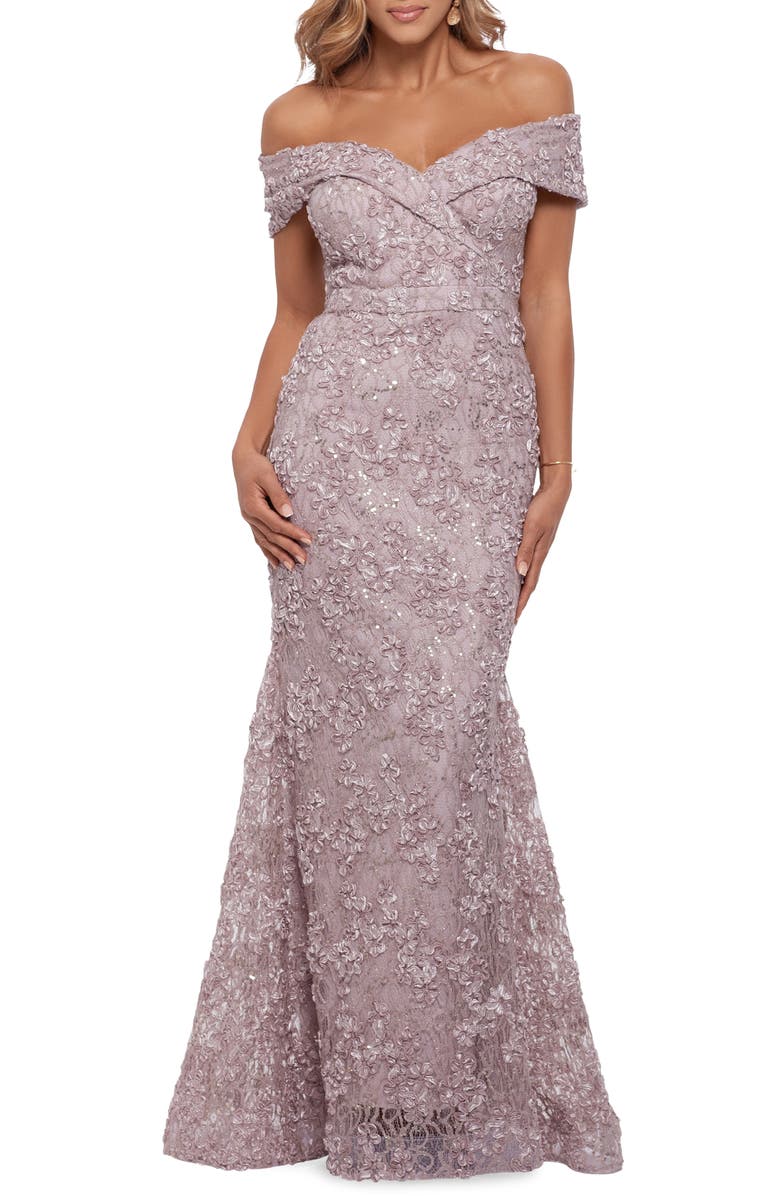Xscape Evenings Off the Shoulder Embroidered Gown, Main, color,