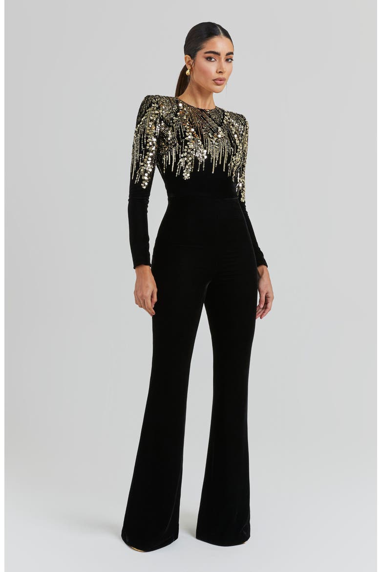 Katarina Sequin Long Sleeve Velvet Jumpsuit, Alternate, color, BLACK