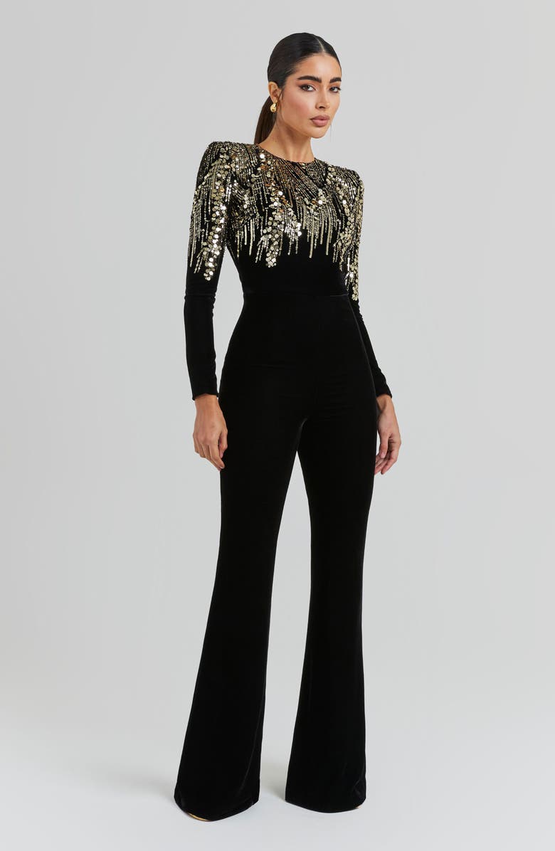 NADINE MERABI Katarina Sequin Long Sleeve Velvet Jumpsuit, Alternate, color, Black
