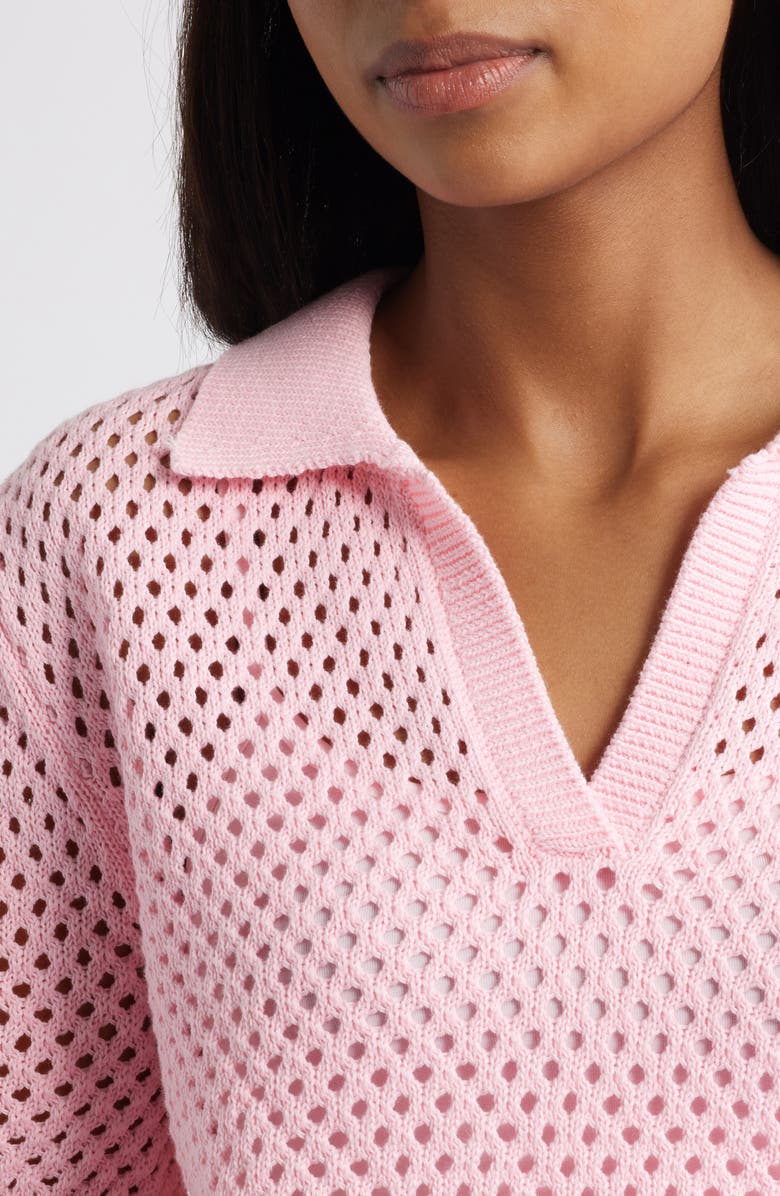 beachlunchlounge Tae Short Sleeve Open Knit Polo Sweater, Alternate, color, Petal Pink