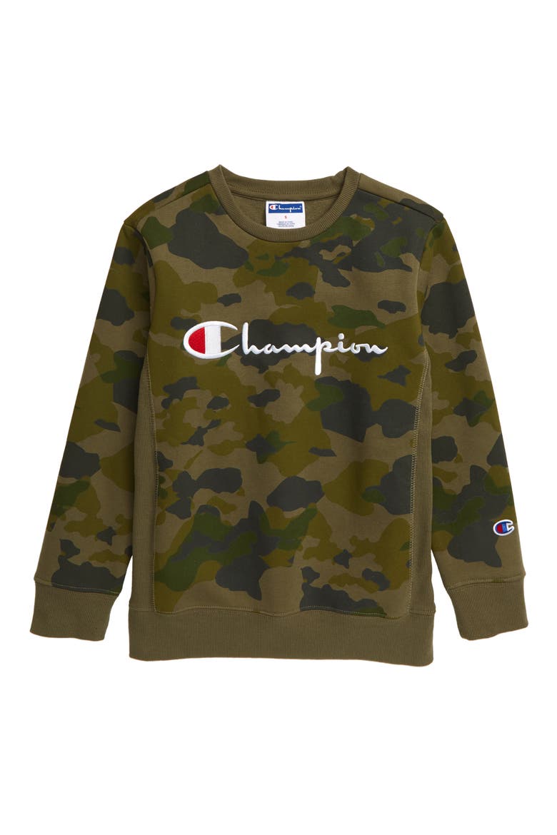 Kids' Camo Premium Fleece Crewneck Sweatshirt, Main, color, GREEN CAMO