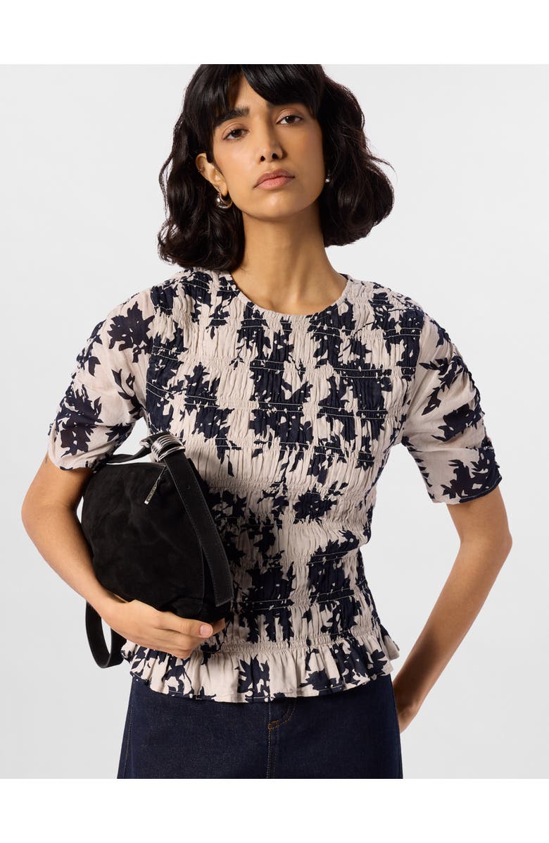 Whistles Smocked Floral Ruffle Hem Peplum Blouse, Main, color, Ivory/Multi