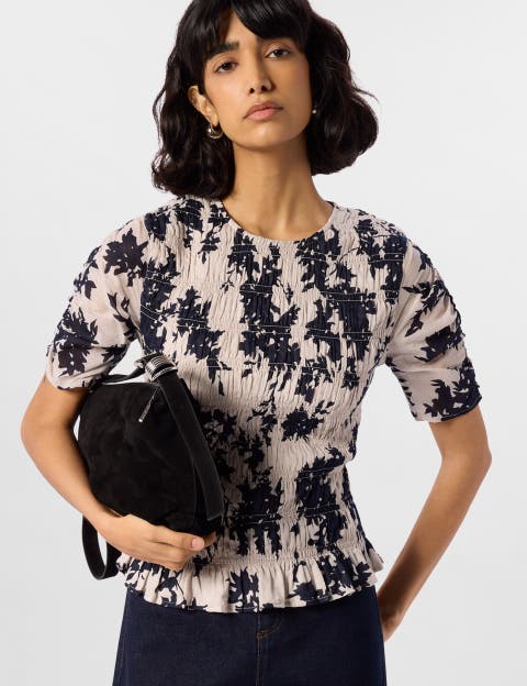 Smocked Floral Ruffle Hem Peplum Blouse